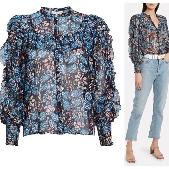 Ulla Johnson Isadora Sill Lurex Indigo Blue Sheer Floral Ruffle Blouse Size 0 - Picture 1 of 5